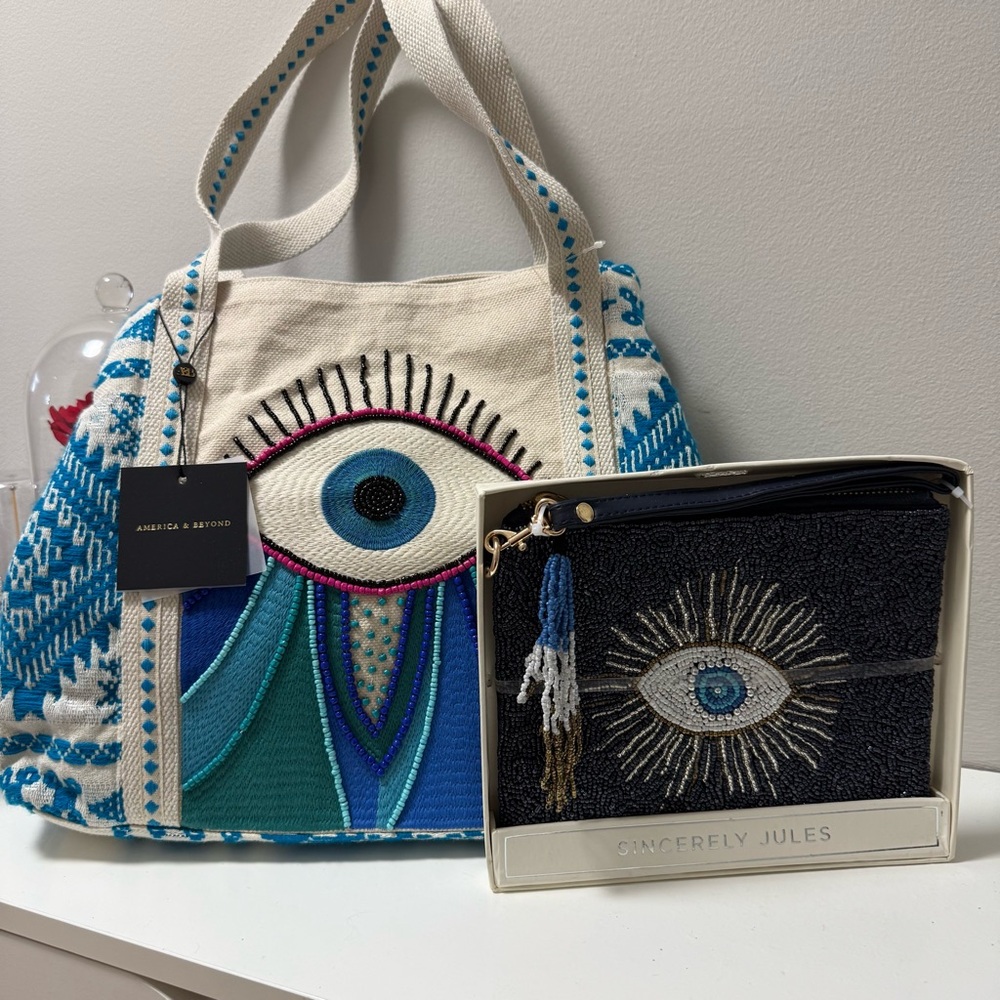 America & Beyond Boho Evil Eye Beaded Tote & Wristlet Set NWT